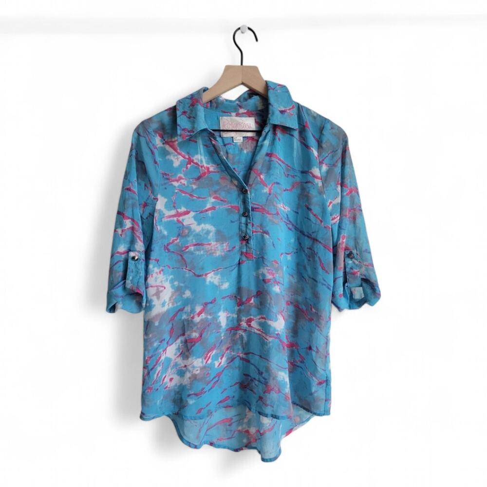 Rory Beca Popover Cerulean Blue Sheer Abstract Print Top Size Small